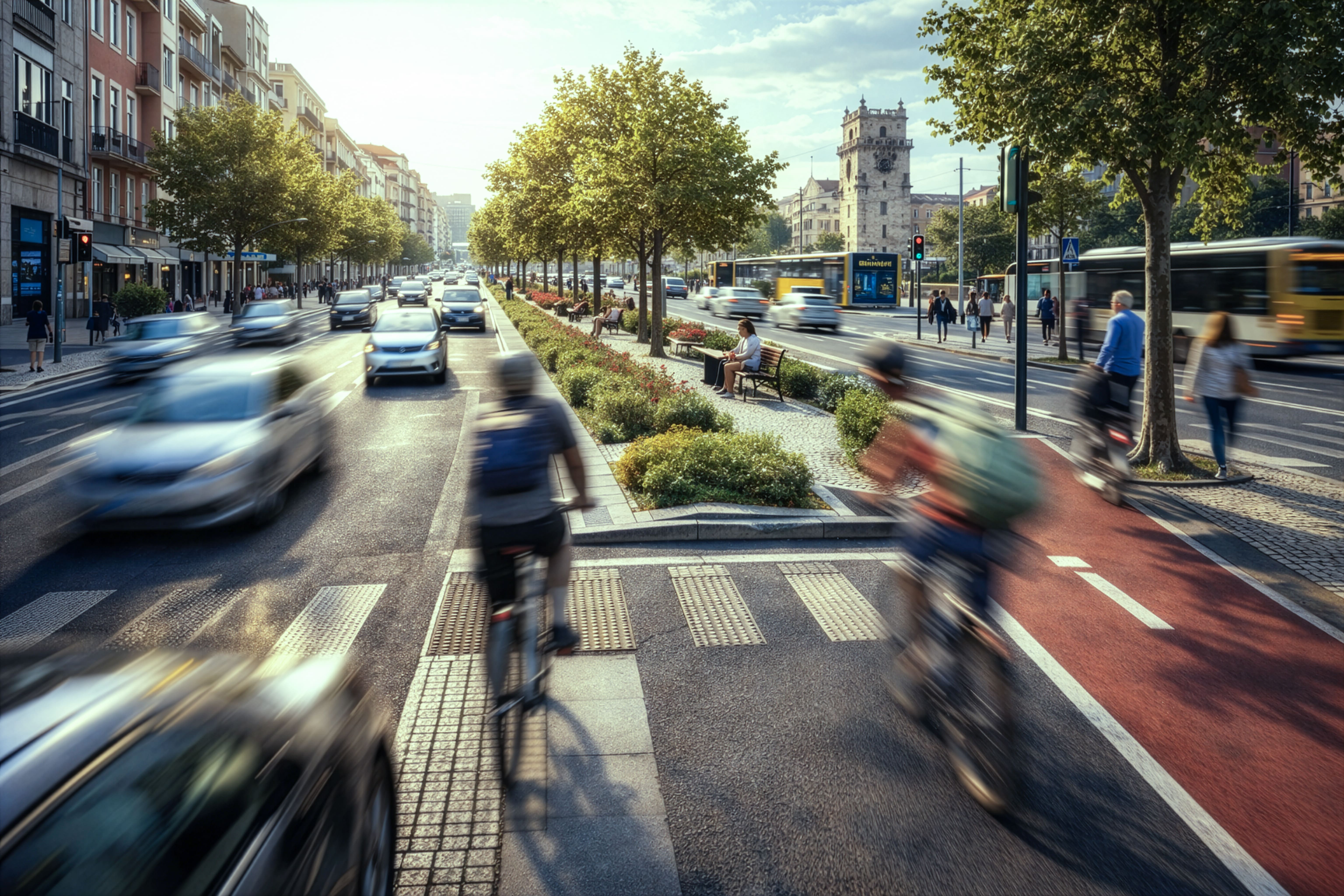 Avenida europeia arborizada com pedestres